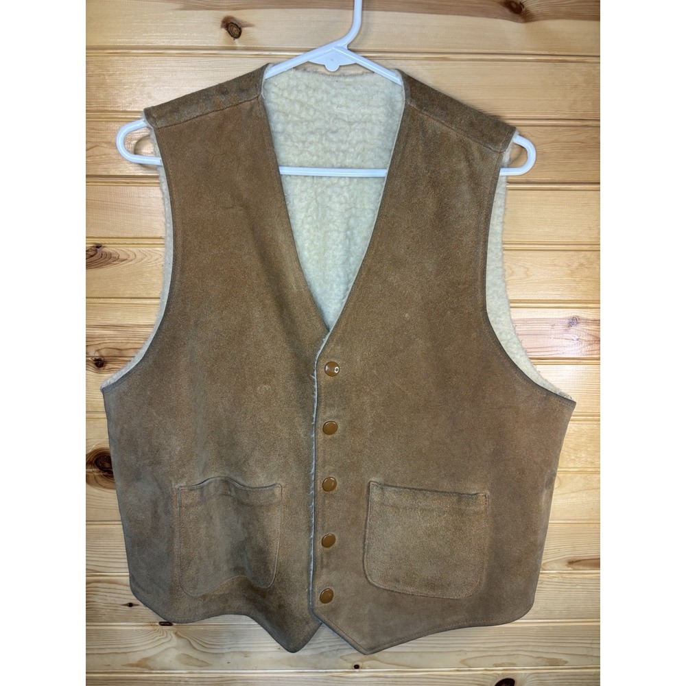 Vintage Men's Genuine Leather Vest Fleece Lined‎ Size Medium Made In USA Tan